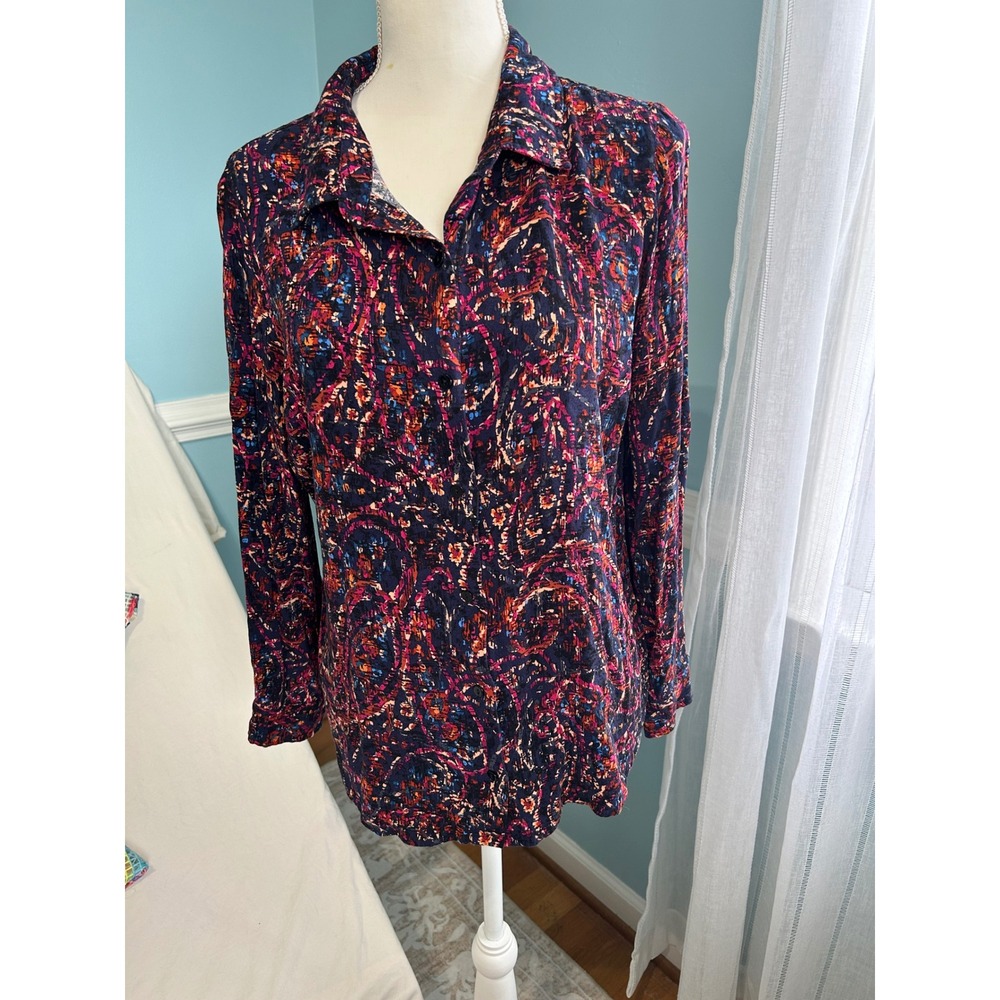 Liverpool Los Angeles Women Large Abstract Paisley Button Down Shirt Multi Color